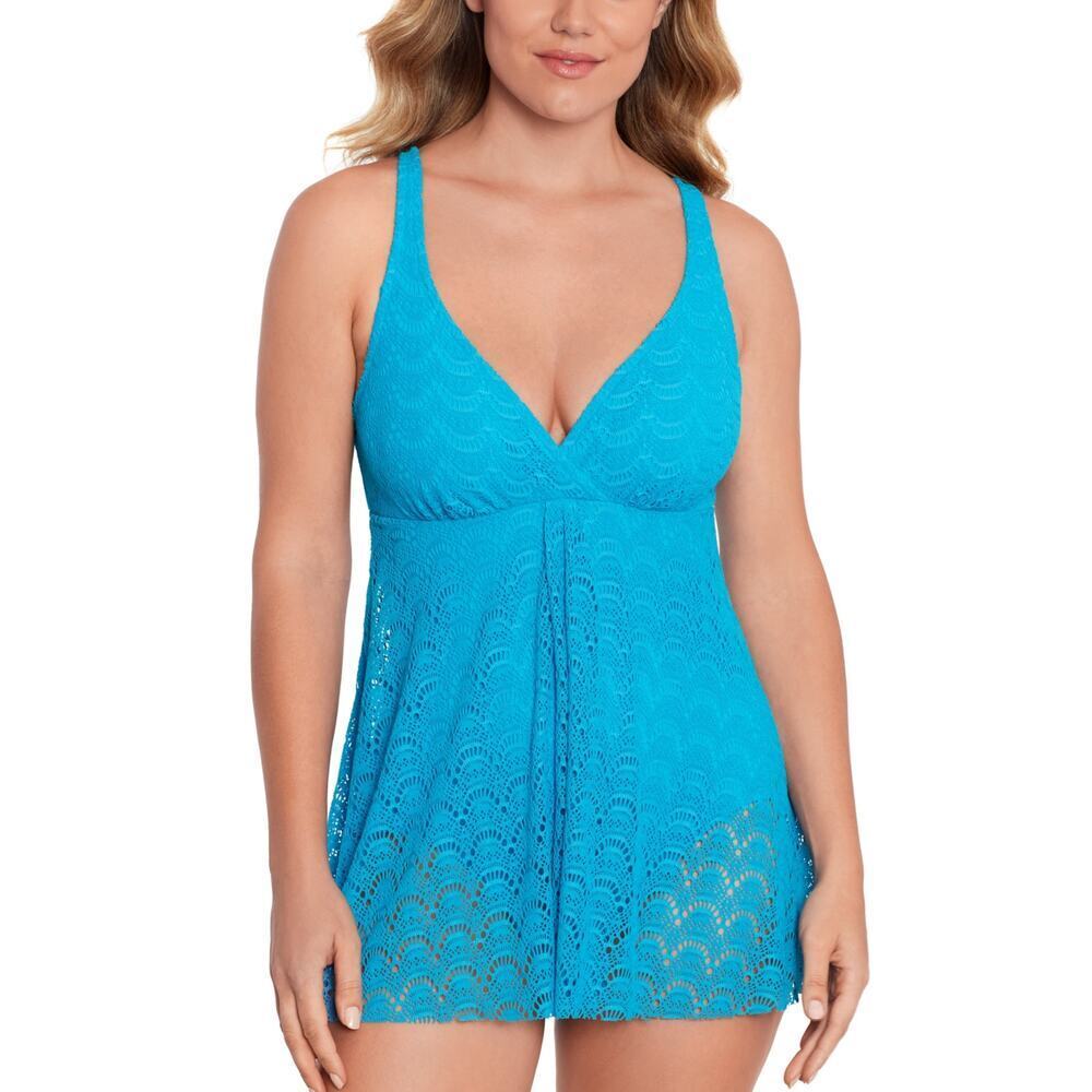 Swim Solutions Tummy-Control Flyaway Swimdress Crochet Boho Teal NWT Size 10 - Picture 1 of 11